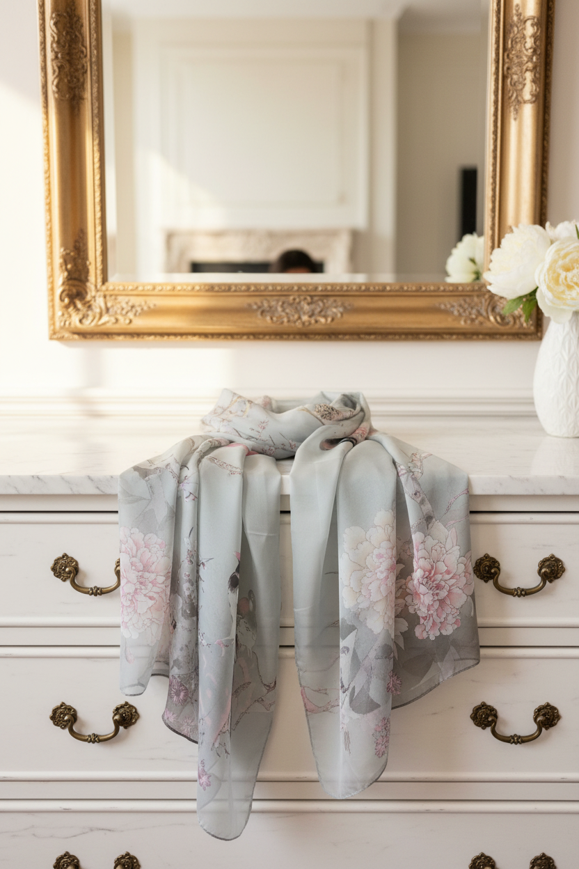 Cream Gold Peony Scarf