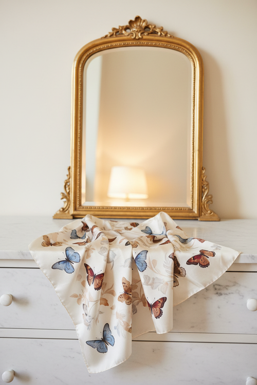 White butterfly print silk scarf draped on marble dresser