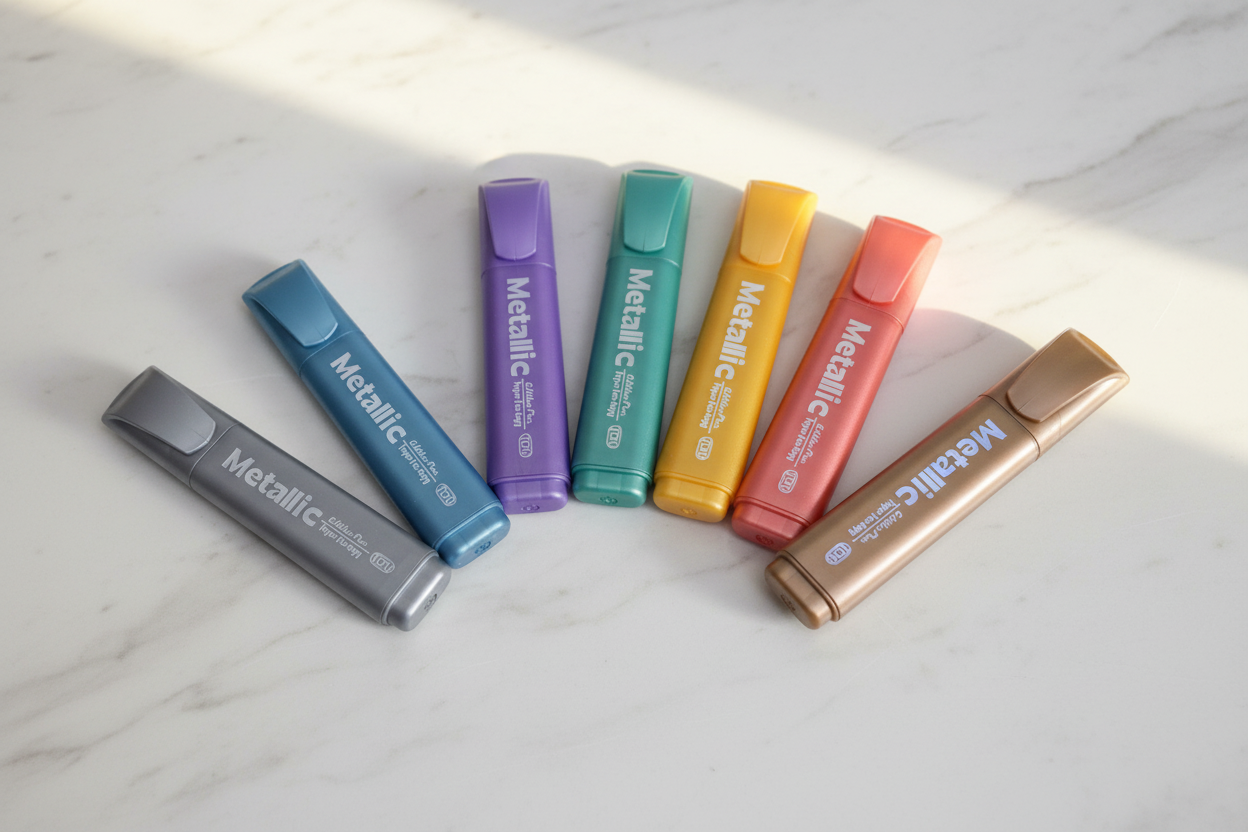 8 metallic ink highlighters in grey, blue, purple, green, yellow, red, pink and brown on marble desk