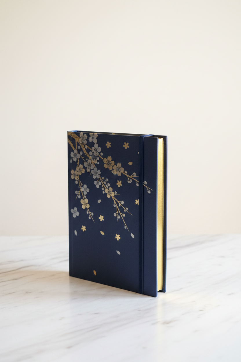 Navy cherry blossom gilded A4 journal showing gold gilded page edges