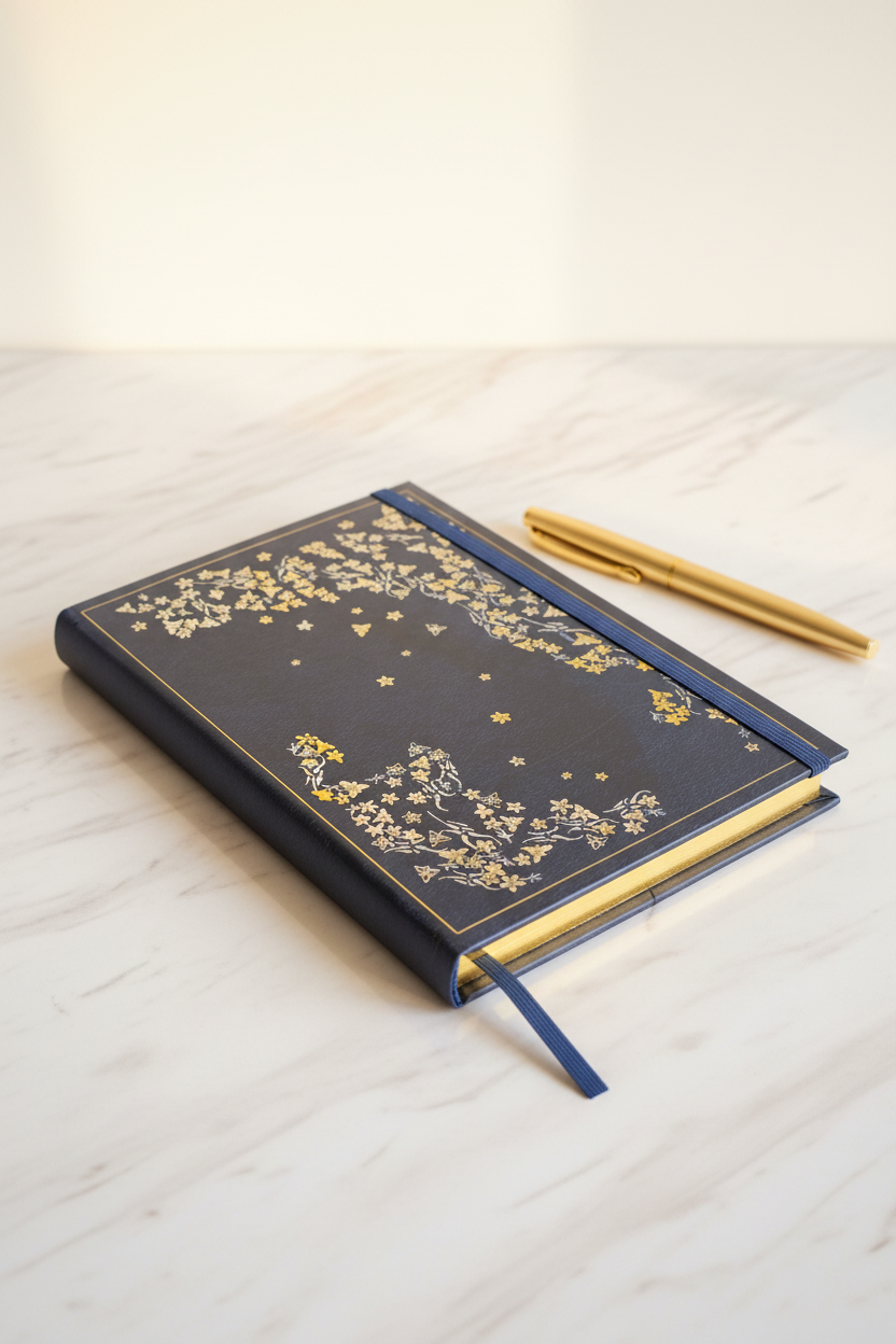 Navy cherry blossom gilded A4 journal cover on marble desk