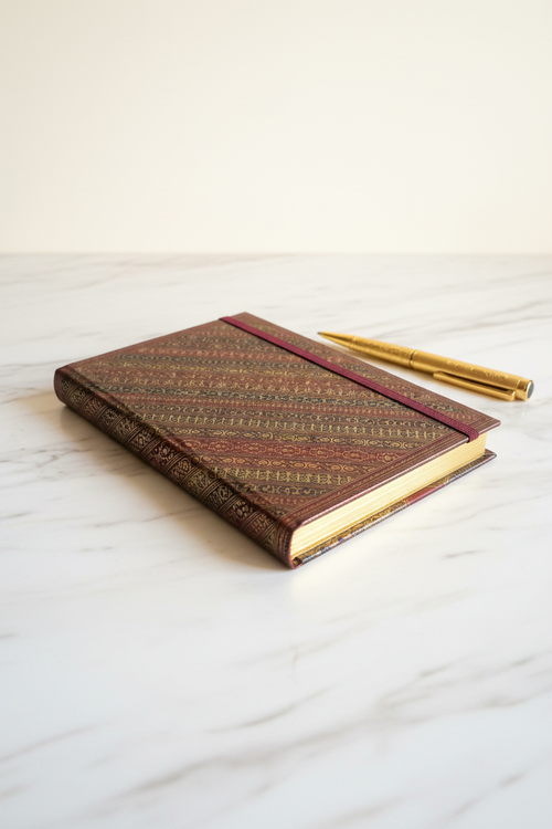 Burgundy diagonal stripe gilded A6 journal on marble desk