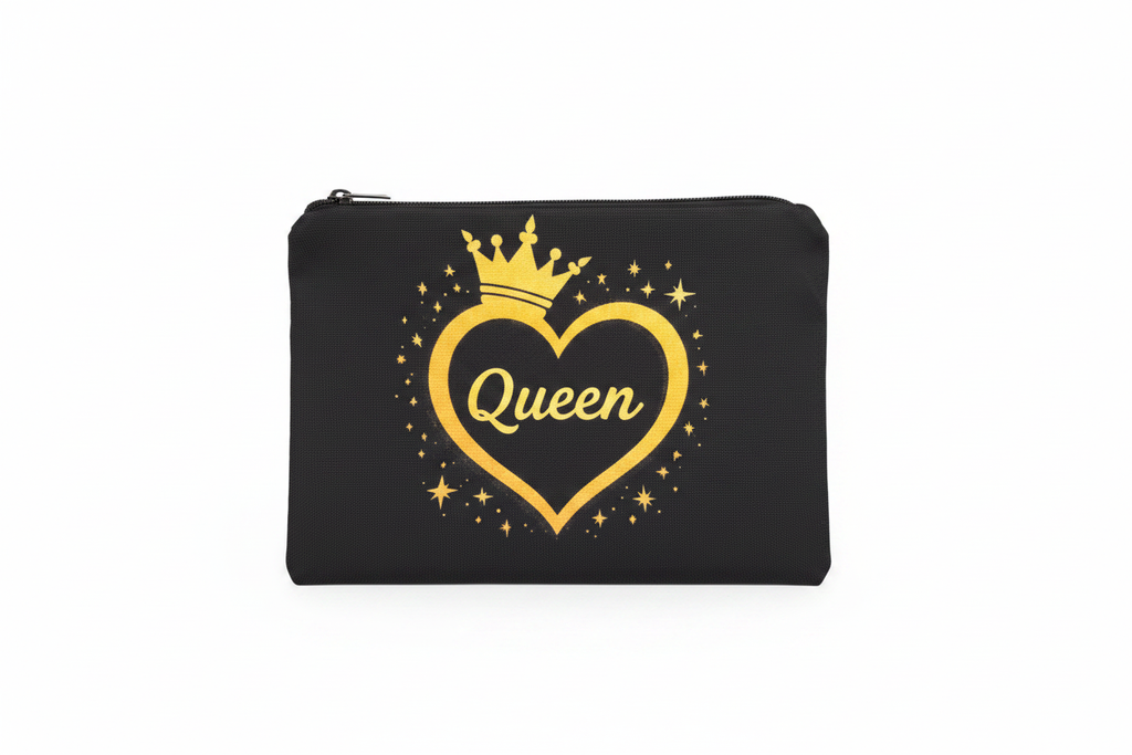 Black polyester Queen makeup bag with gold crown heart design