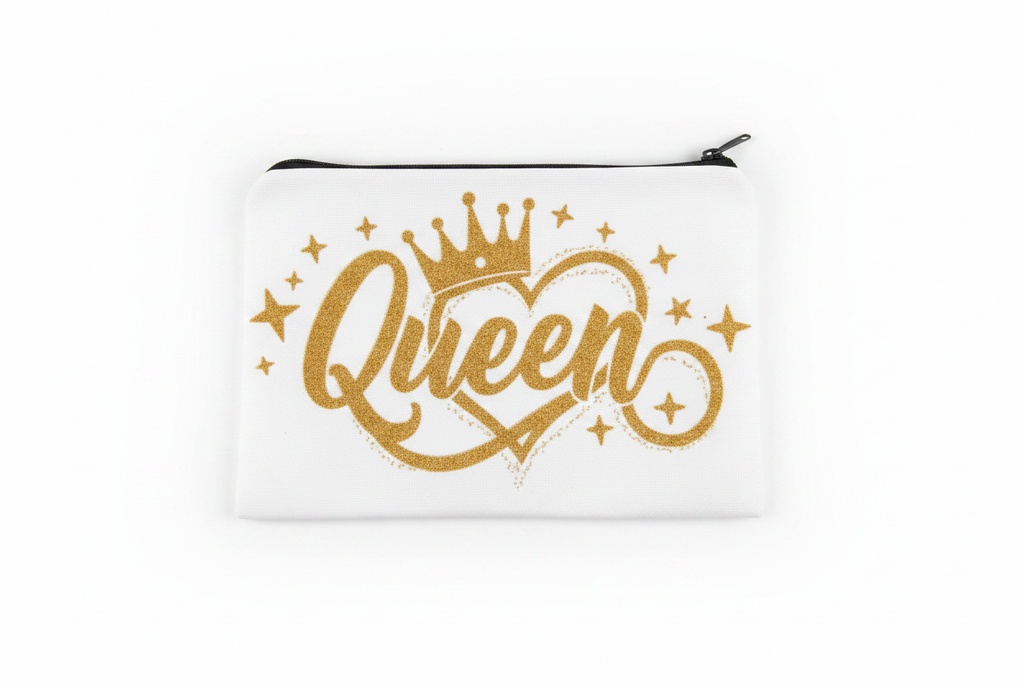 White polyester Queen makeup bag with gold glitter script