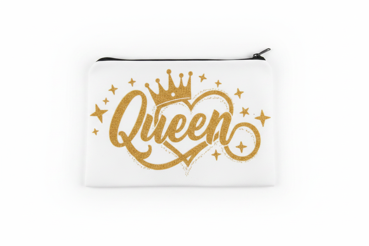 White polyester Queen makeup bag with gold glitter script