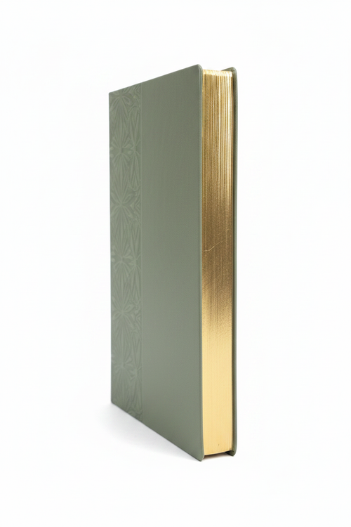 A5 sage faux leather journal with gilded gold edges highlighted