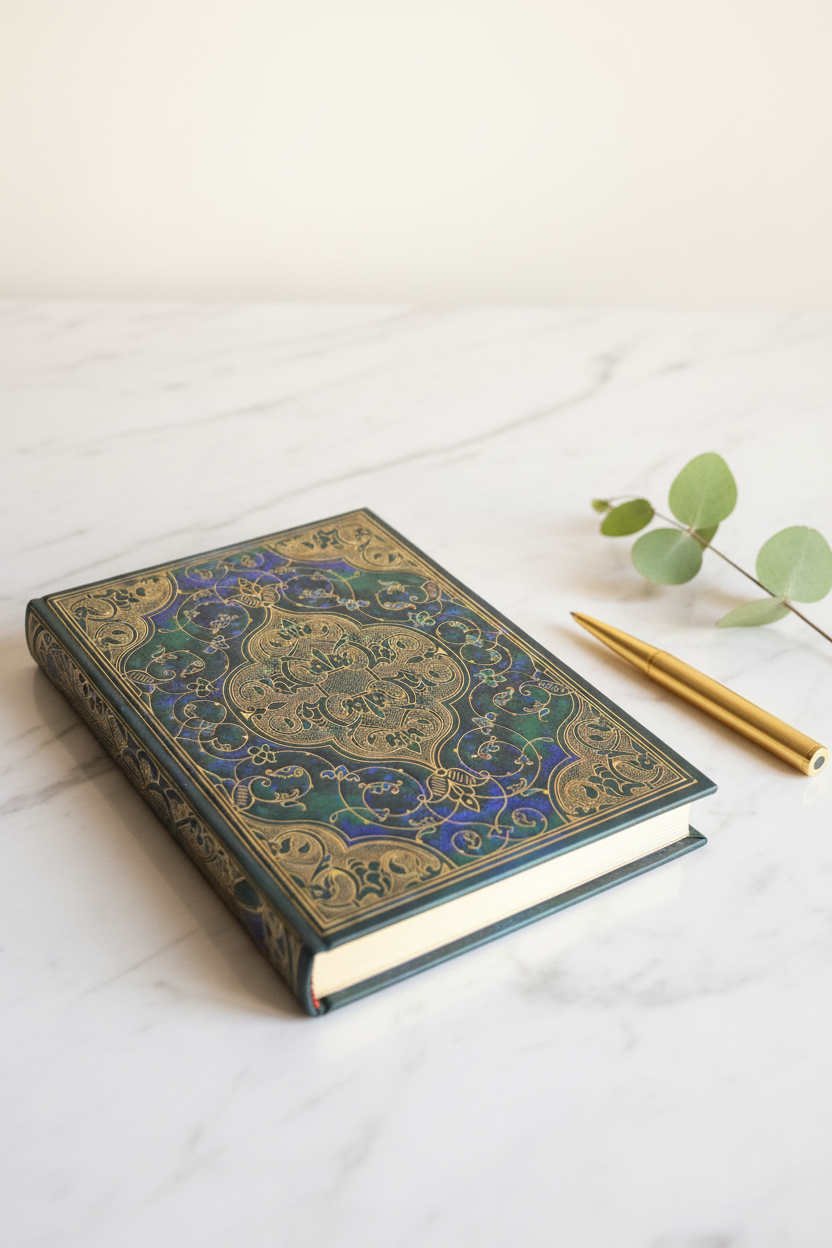 Teal and gold mandala embossed hardcover journal on marble desk