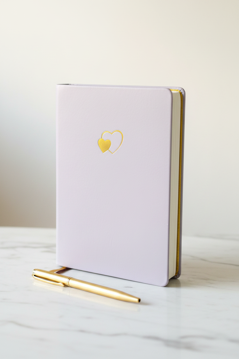 Gold heart gilded edge journal on marble desk