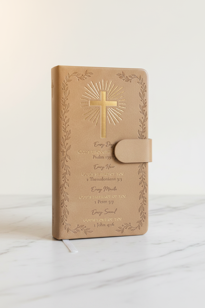 For the Faithful One scripture journal with gold cross on marble desk