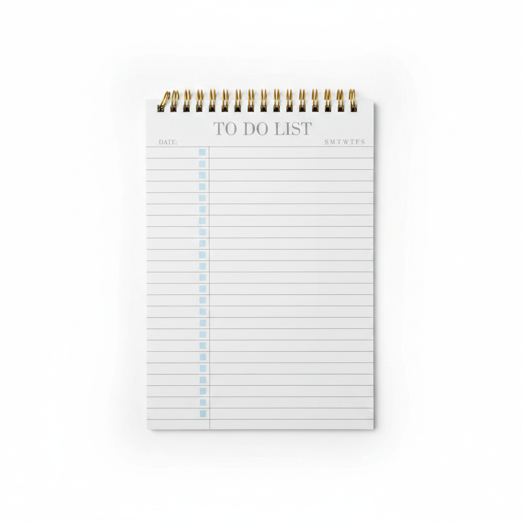 A6 To Do List Notepad with blue checkboxes and gold spiral binding