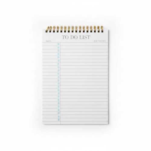 A6 To Do List Notepad with blue checkboxes and gold spiral binding