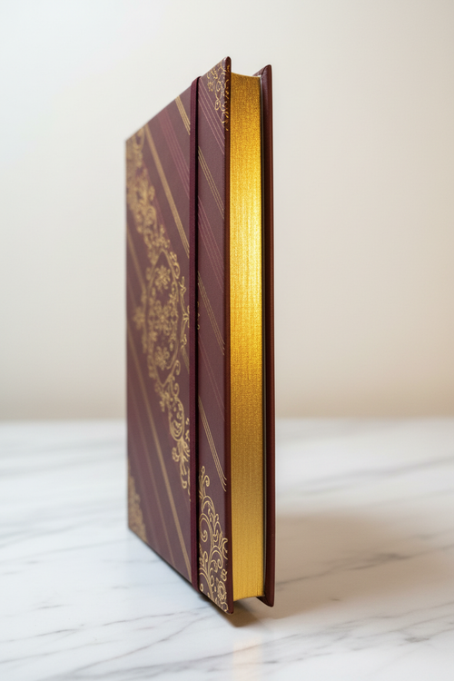 Burgundy gilded A6 journal showcasing gold gilded page edges