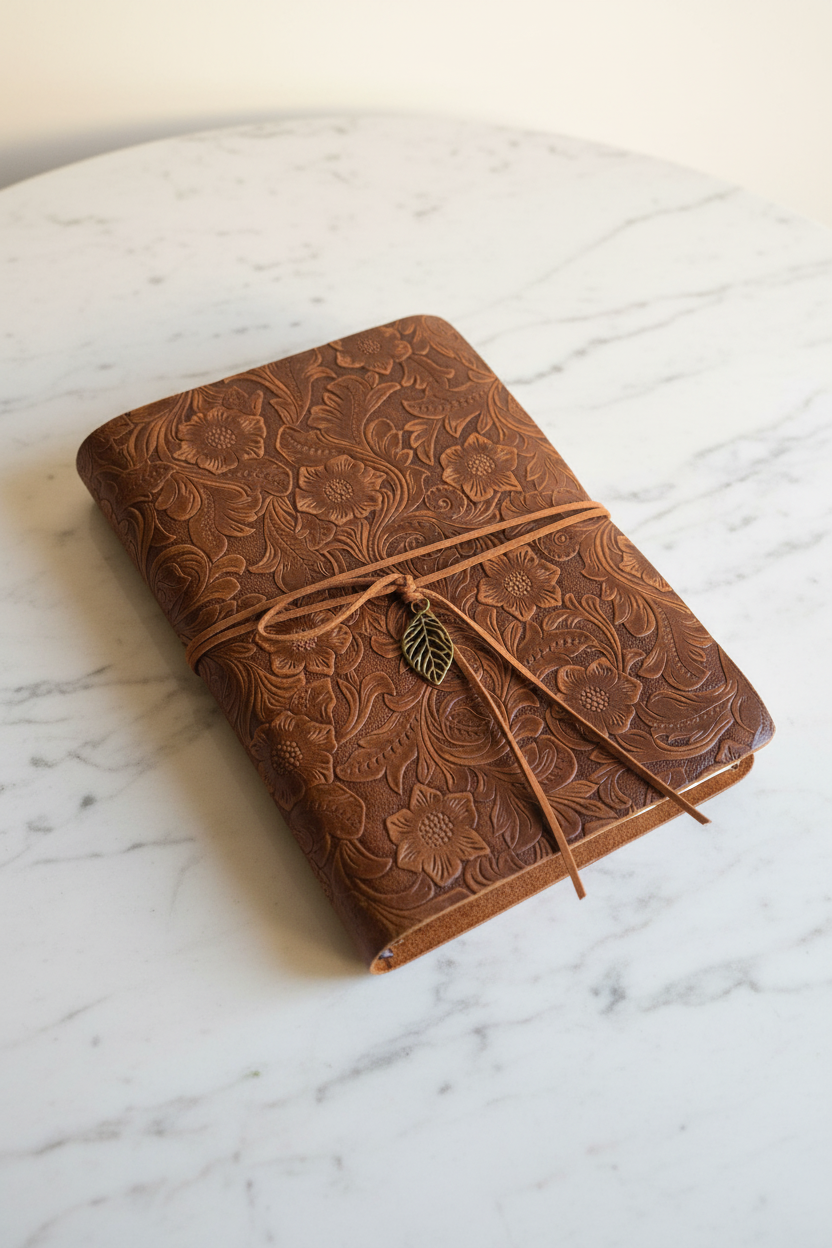 A5 genuine leather floral embossed sketchbook on marble desk