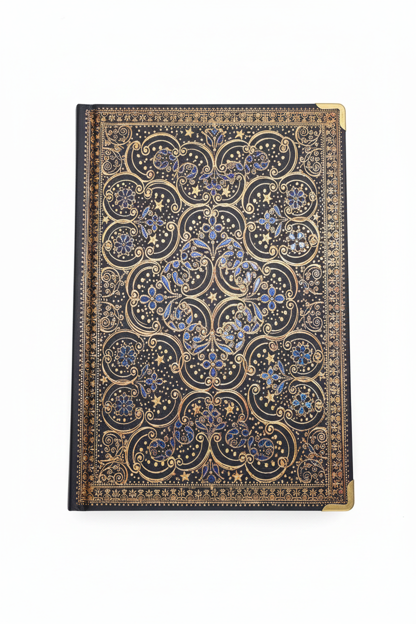 Large hardcover journal with gold filigree arabesque cover and brass corner guards