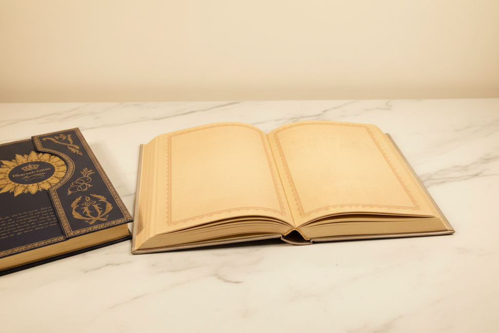 Pharaoh Notes journal open showing warm antique parchment interior pages with gold filigree borders