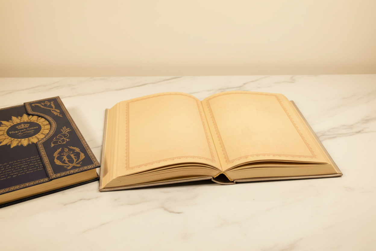 Pharaoh Notes journal open showing warm antique parchment interior pages with gold filigree borders