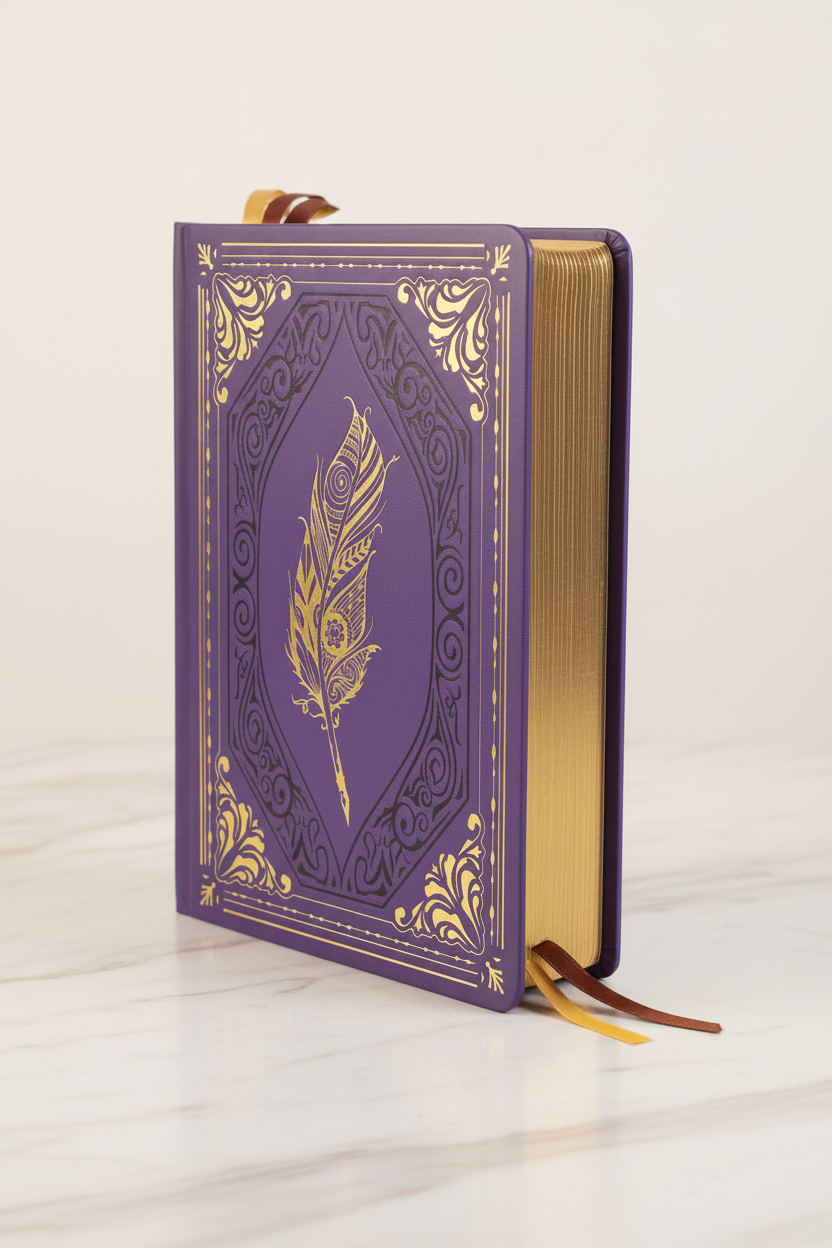 Purple Power of Writing A5 gilded journal on marble desk