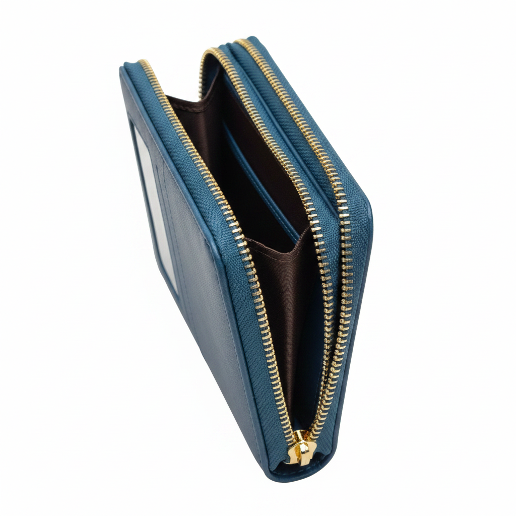 Double Zipper Passport Keeper Travel Wallet – side profile showing double gold zippers