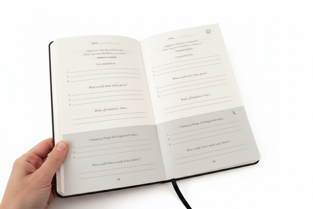 The 6-Minute Diary interior pages showing gratitude prompts