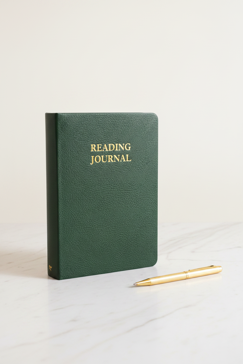 Forest green faux leather Reading Journal on marble desk