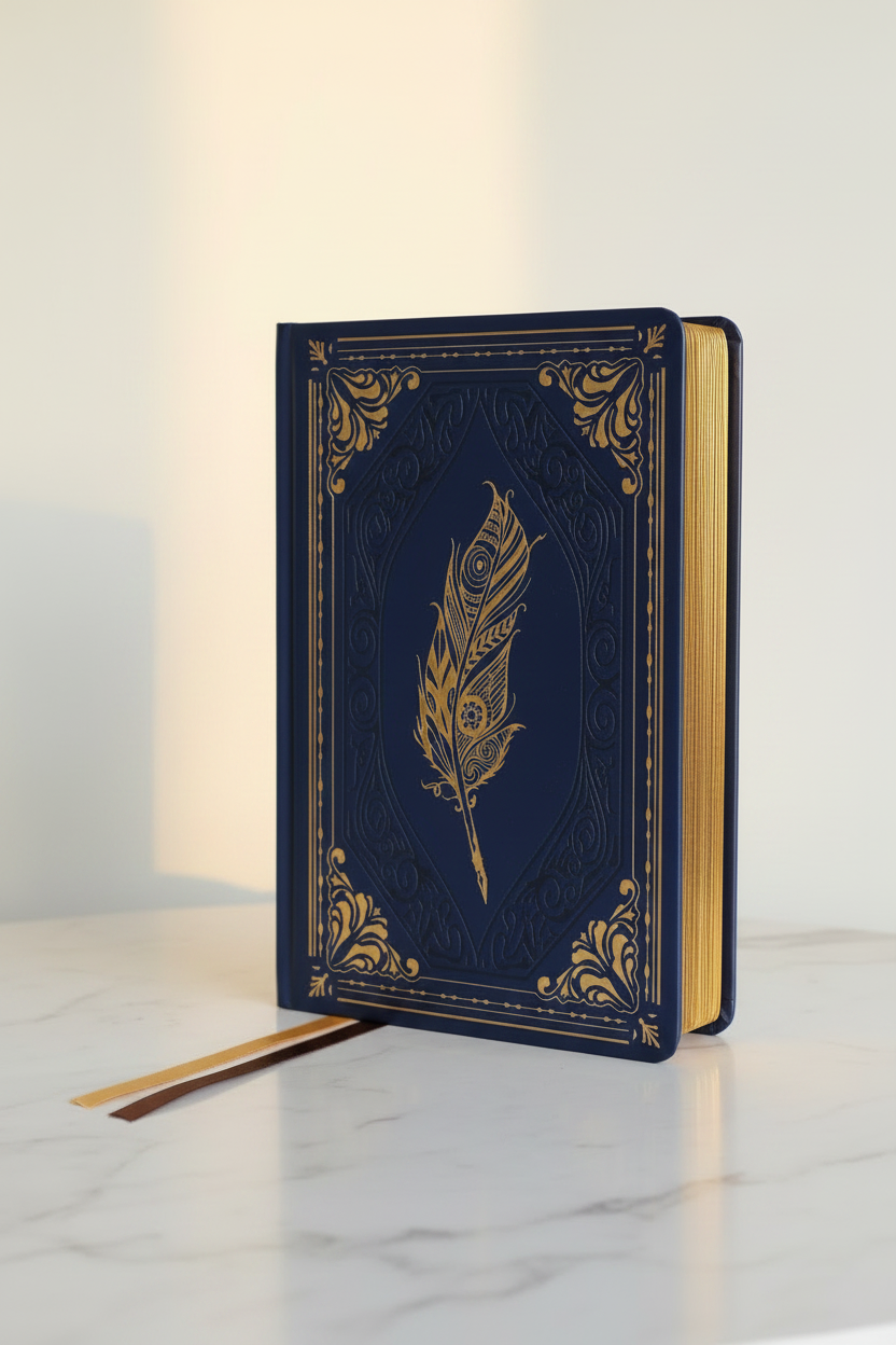Navy Power of Writing A5 gilded journal on marble desk