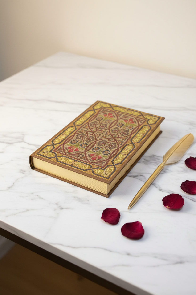Gold arabesque embossed hardcover journal on marble desk
