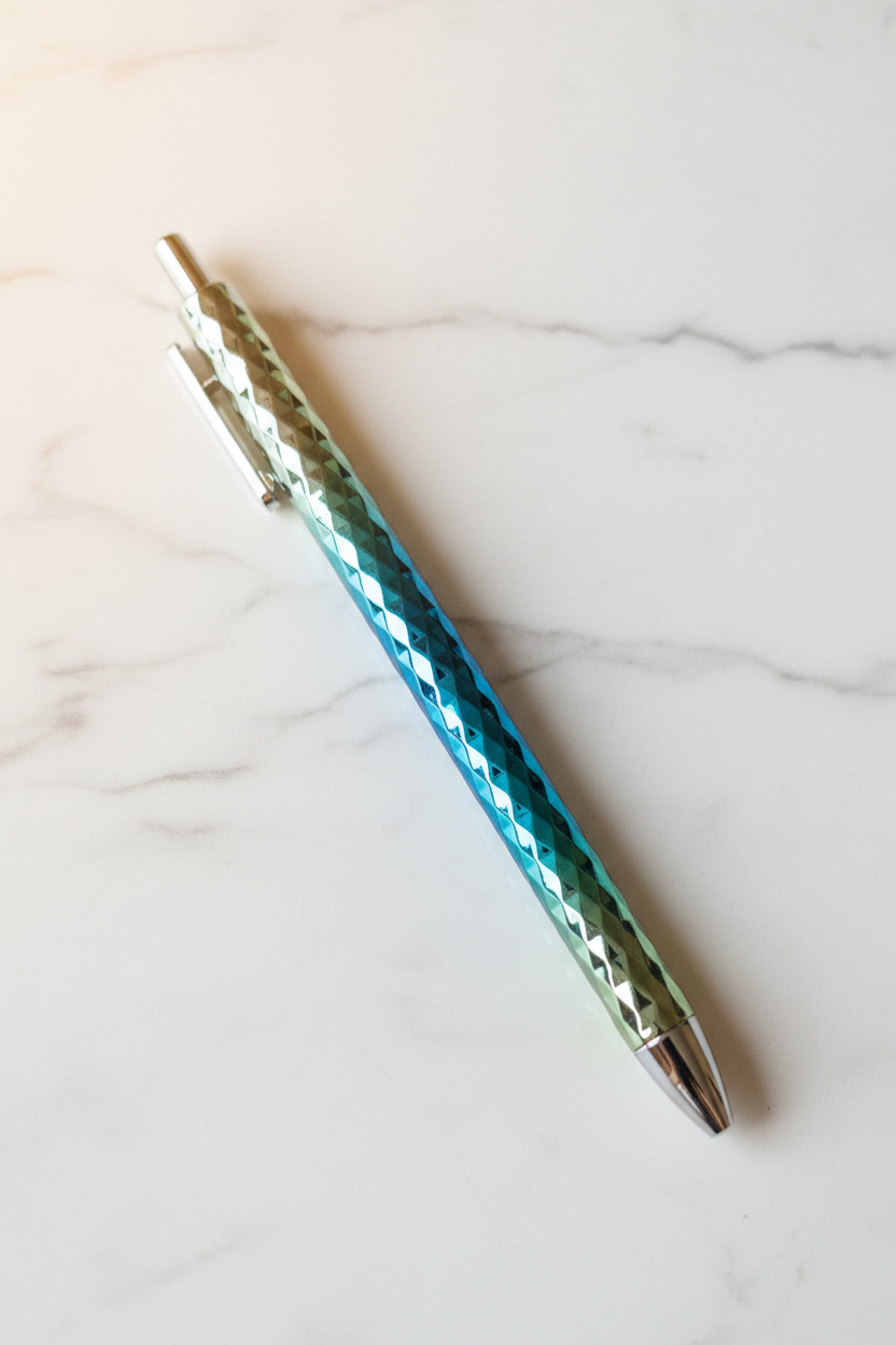 Pink iridescent gradient ballpoint pen on marble desk
