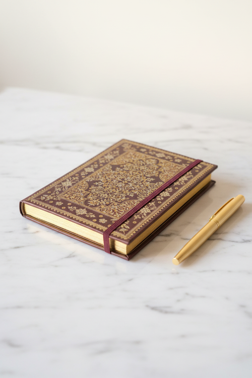 Burgundy gold filigree gilded journal cover on marble desk