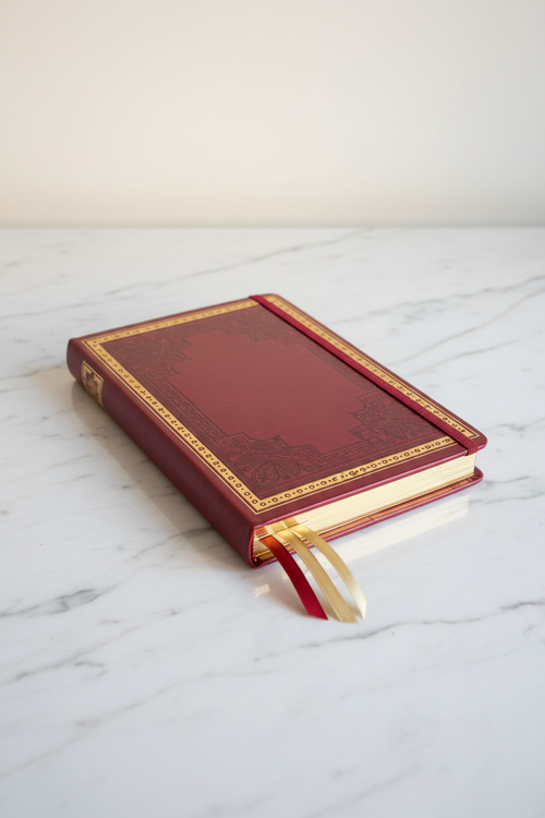 Red butterfly Greek key gilded A5 journal on marble desk