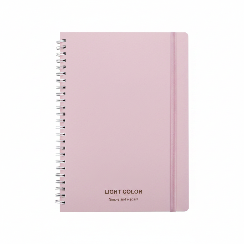 Blush pink A5 spiral notebook with white coil binding and pink elastic band closure