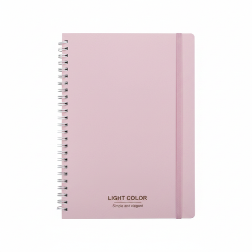 Blush pink A5 spiral notebook with white coil binding and pink elastic band closure