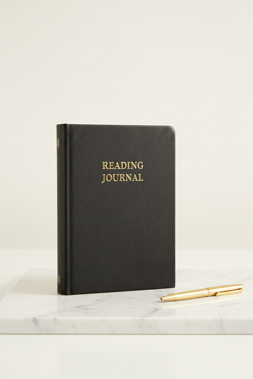 Black faux leather Reading Journal on marble desk