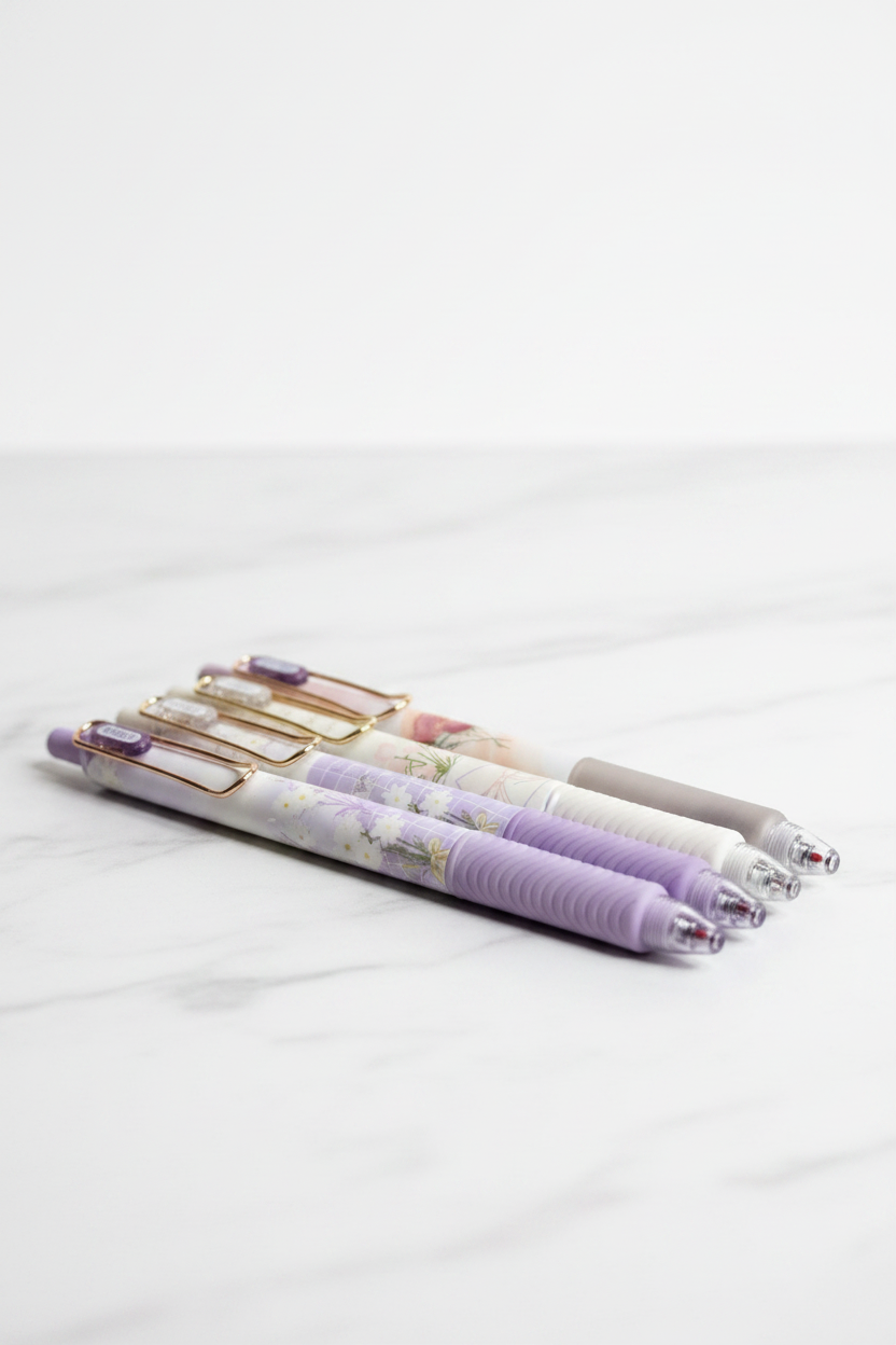 5 floral botanical gel pens in purple and white with gold clips on marble desk