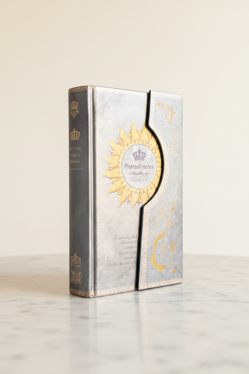 Pharaoh Notes metallic silver-blue magnetic journal on marble desk