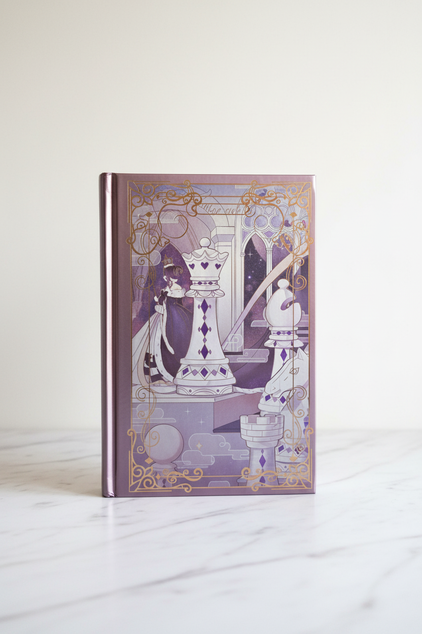The Queen's Ultimate Journal cover with chess queen and enchanted castle scene