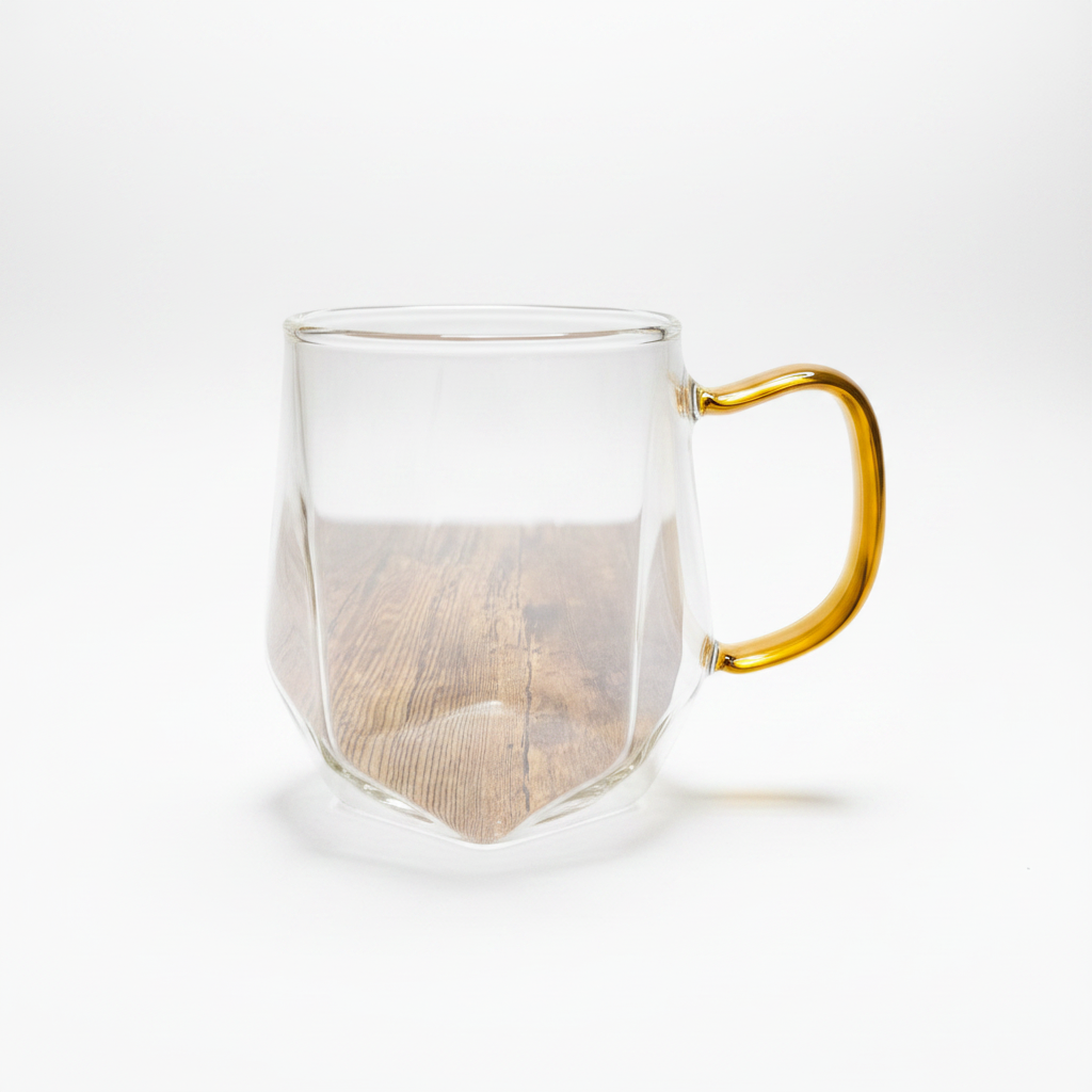 Clear glass coffee tea mug with amber gold handle side view
