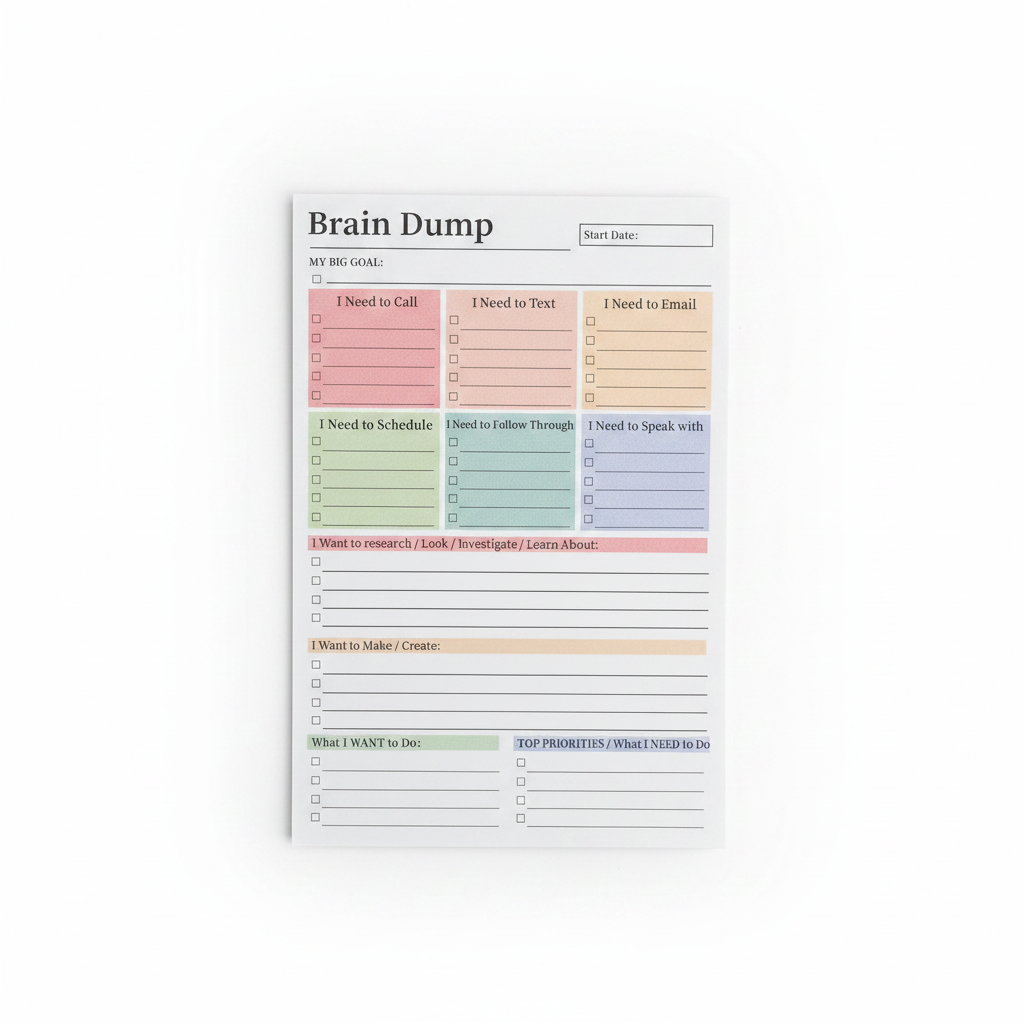 A6 Brain Dump planning notepad with colour-coded sections for tasks, goals and priorities