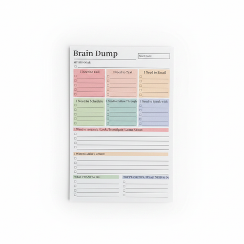A6 Brain Dump planning notepad with colour-coded sections for tasks, goals and priorities