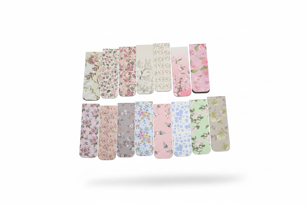 18 floral magnetic bookmarks on white background