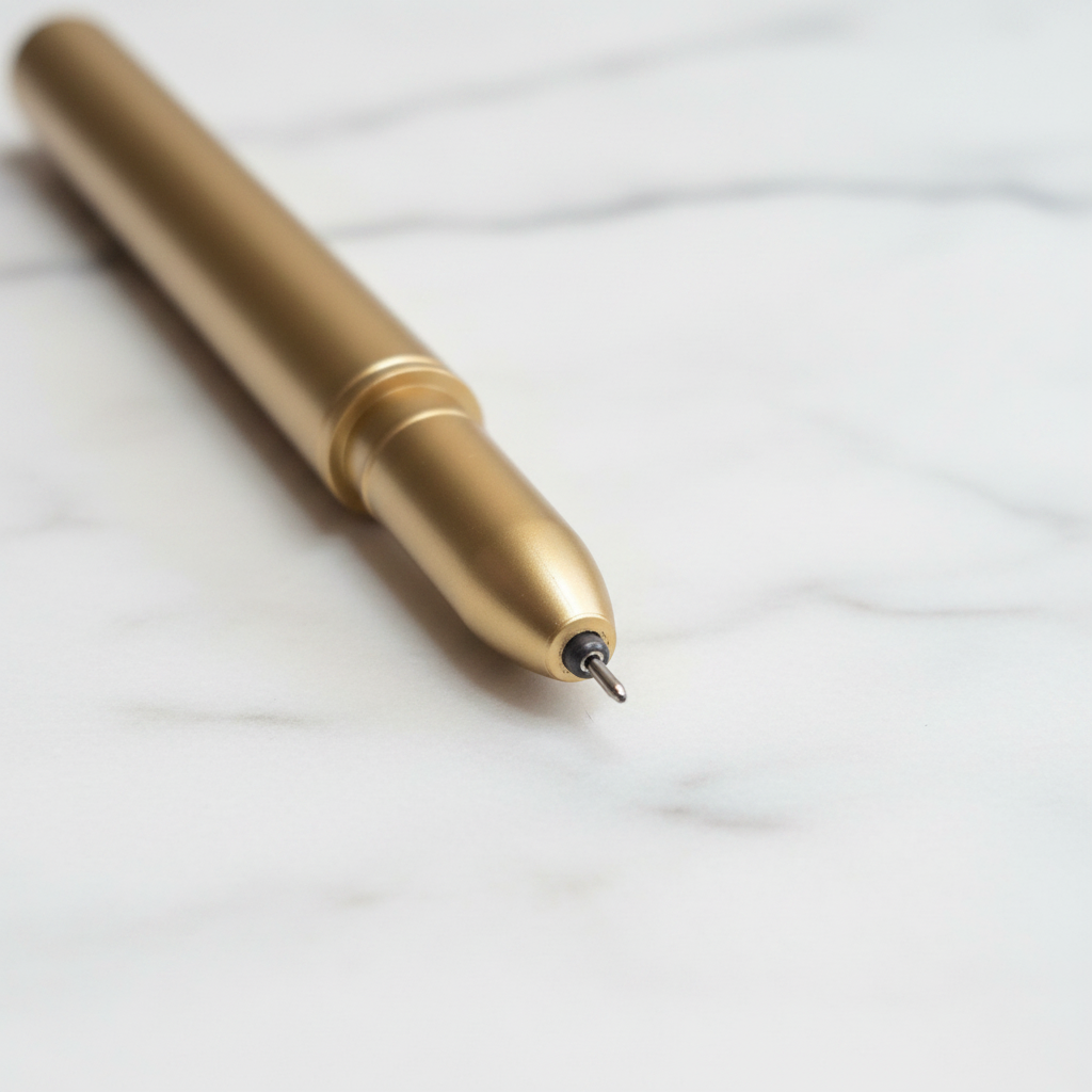 Close-up of gold feather quill pen fine ballpoint tip