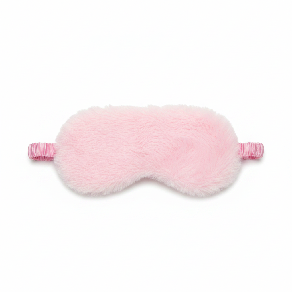 Pink plush fuzzy sleep mask with silky inner lining