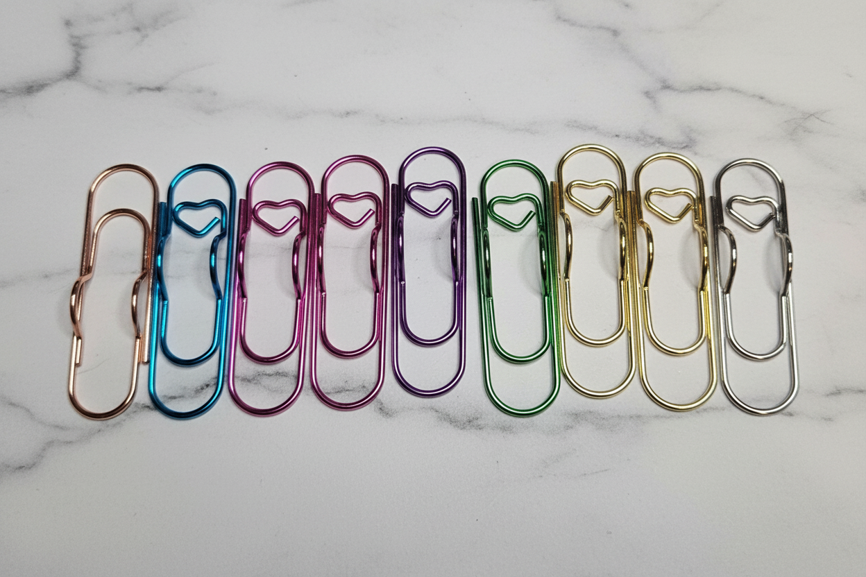 Heart Paperclip Pen Holders in rose gold, blue, pink, purple, green, gold and silver on white marble surface