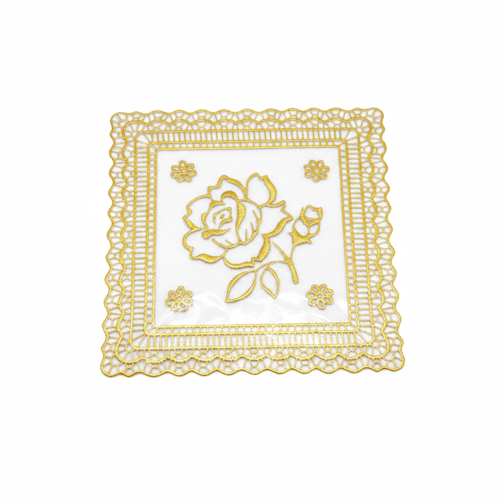 White and gold rose decorative coaster set of 4 with gold lace border