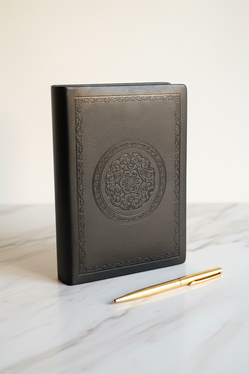 Black mandala embossed faux leather A5 journal on marble desk