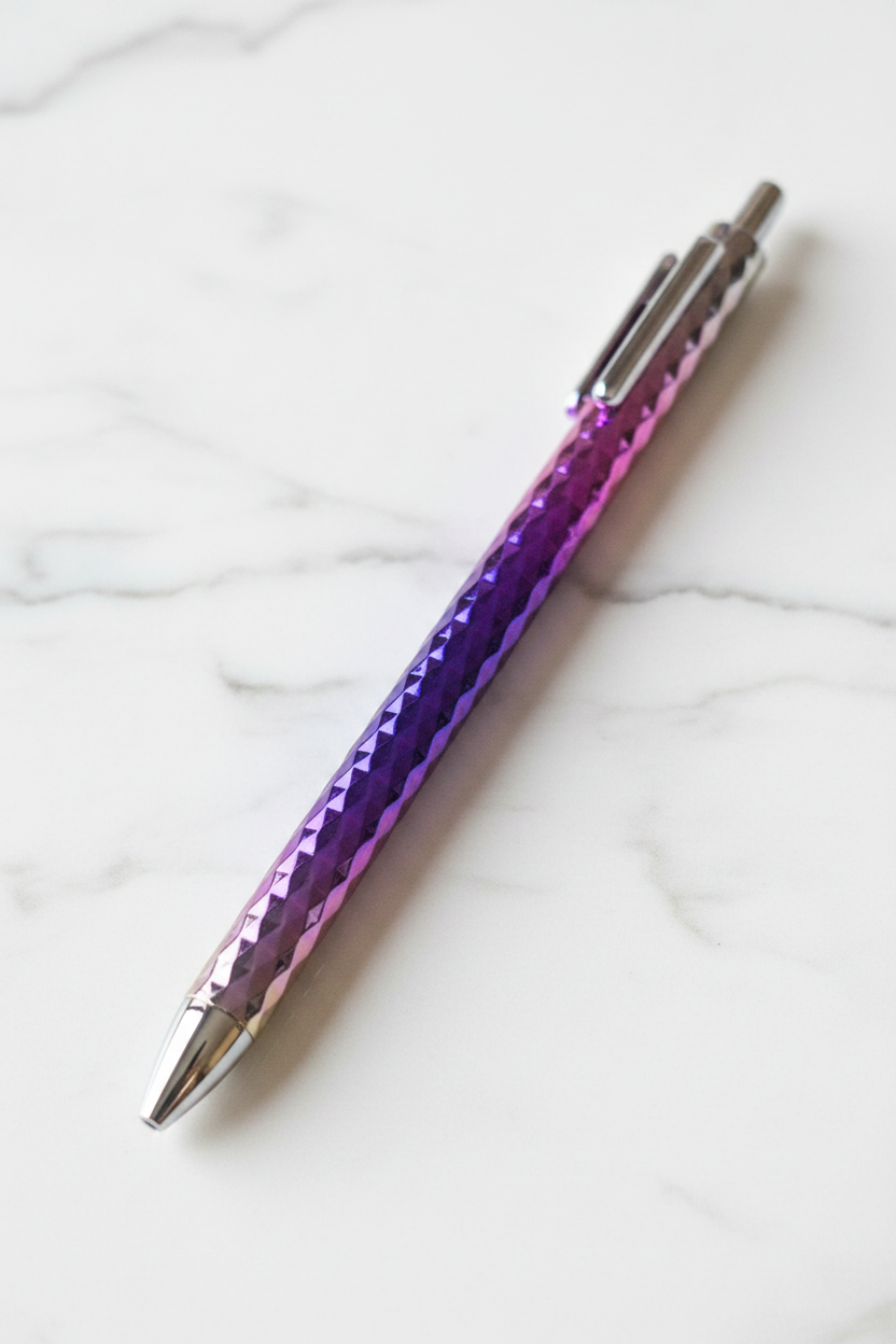 Purple iridescent gradient ballpoint pen on marble desk