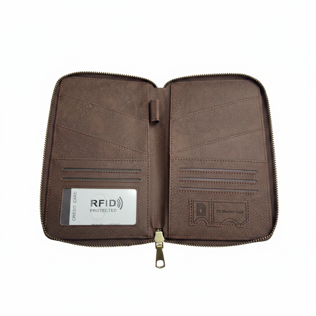 Brown Leather Passport Keeper Travel Wallet – open interior with RFID card slots