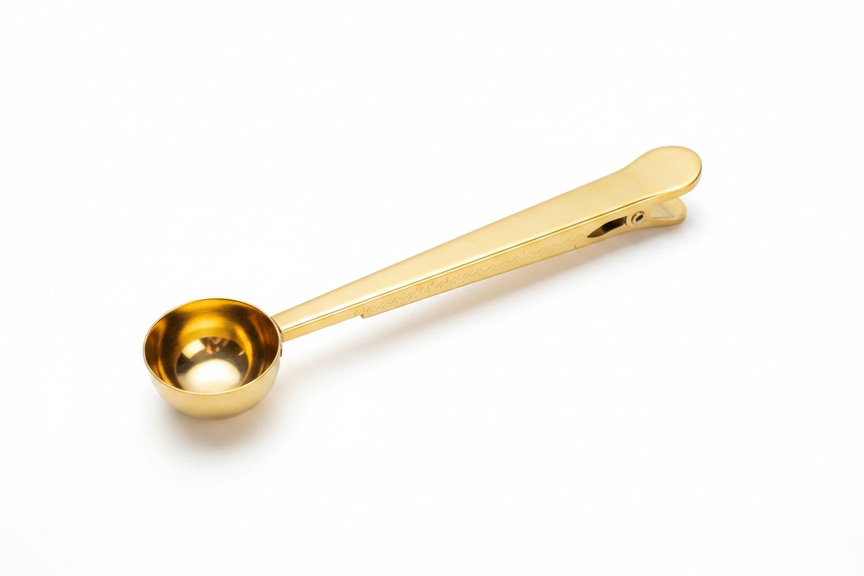 Gold stainless steel coffee scoop with bag clip full view