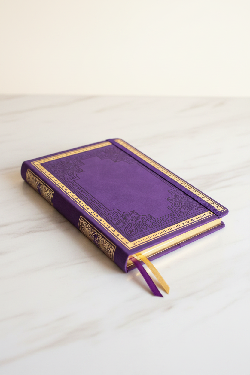 Purple butterfly Greek key gilded A5 journal on marble desk