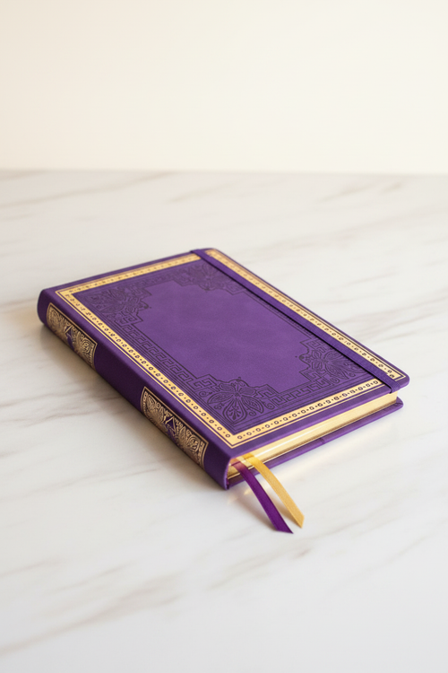 Purple butterfly Greek key gilded A5 journal on marble desk