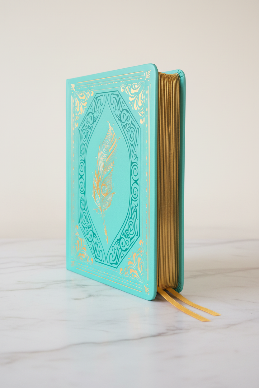 Teal Power of Writing A5 gilded journal on marble desk